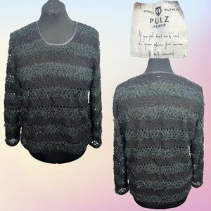 Black & Gray Striped PULZ Jeans Textured Open Knit Pull Over Sweater Sz LG
